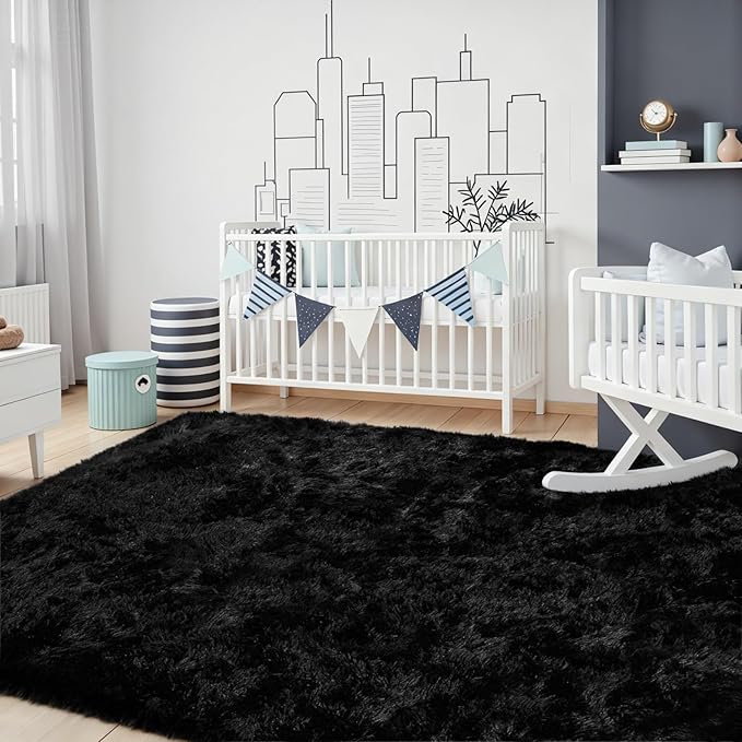 8x10 Area Rug for Living Room, Ultra Soft Fluffy Shag Rugs for Bedroom, Non-Slip Large Fuzzy Plush Rug Indoor Floor Carpet for Nursery Kids Office Dorm Modern Decor, Black
