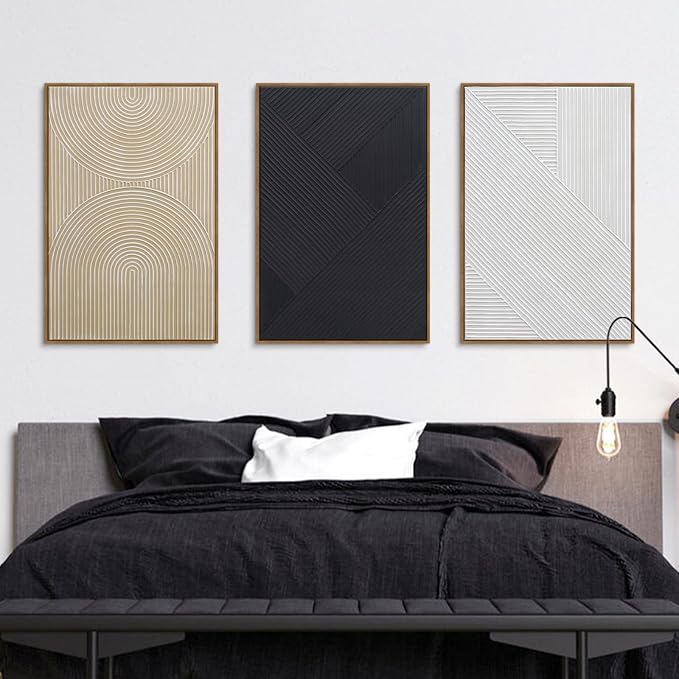 Neutral Textured 3D Wall Art Boho Abstract Hand-Painted Framed Wall Decor Minimalist Geometric Artwork Paintings- Living Room Bedroom Office - Modern Boho Black White Neutral Line 16"x24" 3 piece
