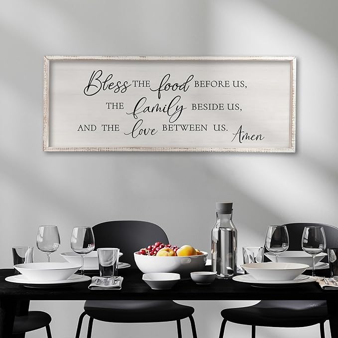 Surfapans Bless the Food Before Us Wall Decor, 40"X15" Farmhouse Dining Room Family Kitchen Sign, Christian Bible Verse Scripture Vintage Home Framed Wood Wall Art (White)