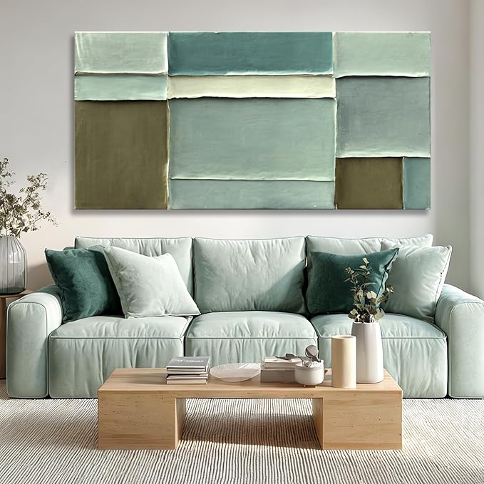 Hue7Art Modern Abstract Green Canvas Wall Art Soft Neutral Color Hand Painting Block Design Minimalist Artwork for Living Room Bedroom Office Contemporary Decor 29x58 Inch