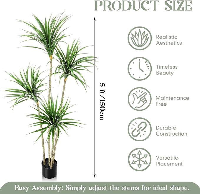 Jexine 5 ft Artificial Dracaena Marginata, Tall Artificial Dracaena Plant Tree, Tropical Faux Fake Floor Plant with Pot Indoor Outdoor Decorative Tree for Home Office Decor Housewarming Gift