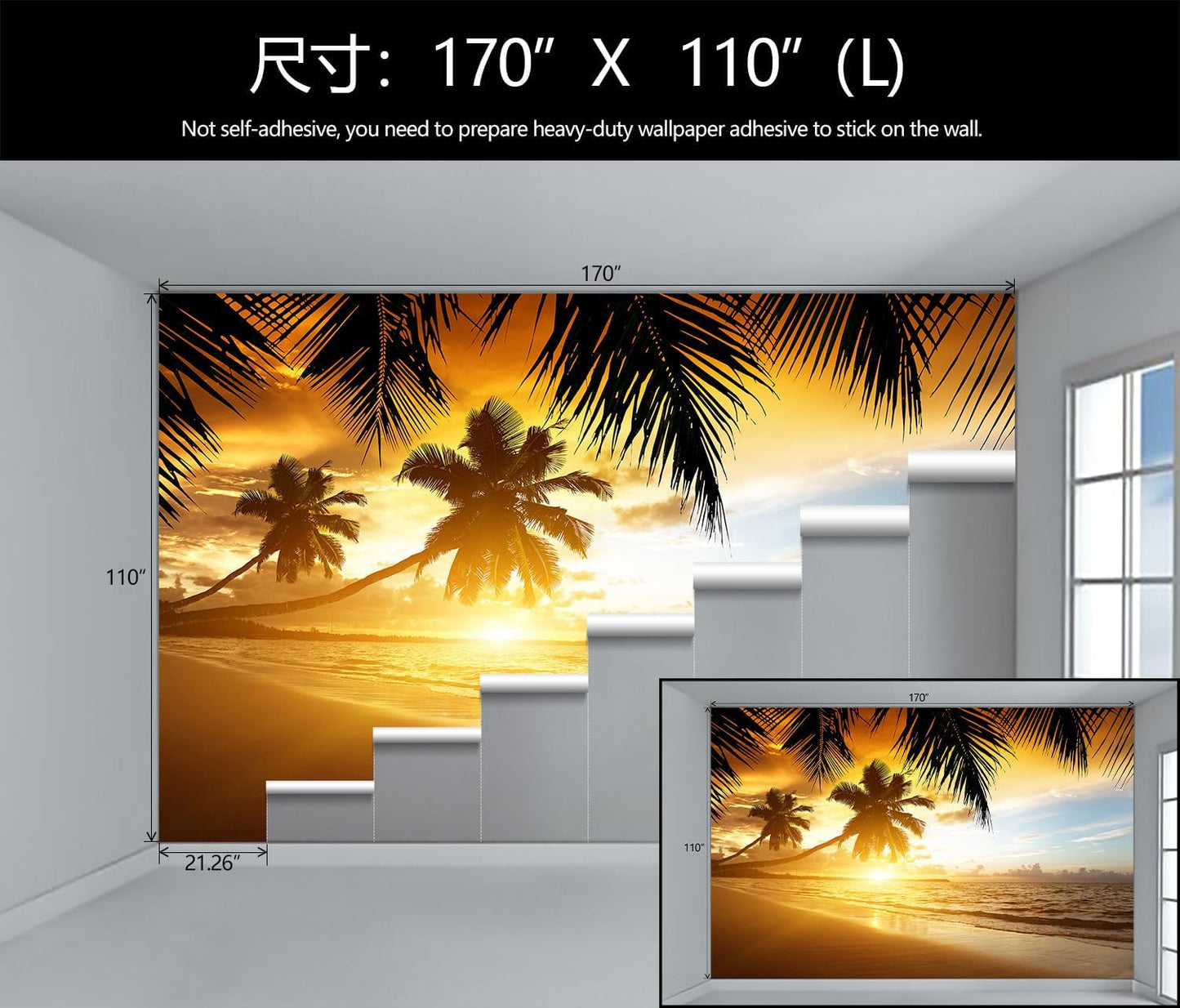 WFBHUA-Tropical Beach Wallpaper Dusk Waves Palm Tree Leaf Coconut Tree Wall Mural for Living Room Bedroom (Not Peel and Stick)