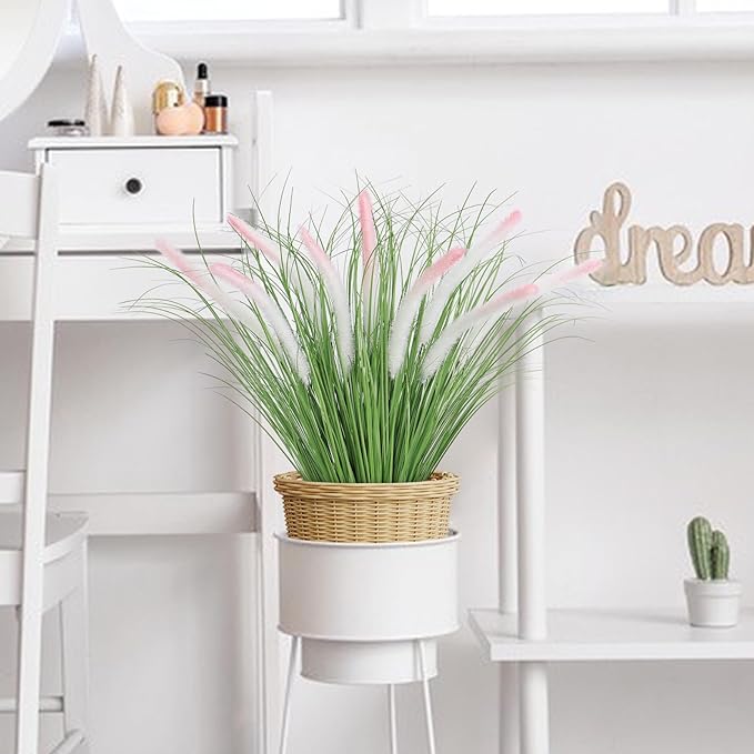 14PCS Artificial White Pink Tip Dog Tail Grass Onion Grass UV Resistant Outdoors Faux Shrubs Ornamental Wheat Grass Cattails Faux Bushes Home Decor for Outdoor Garden