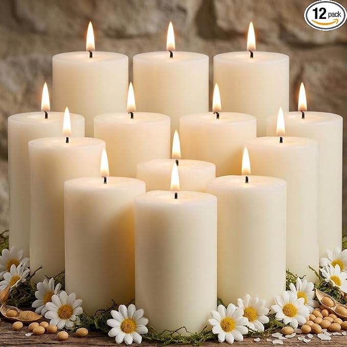 12 Pack Soy Pillar Candles-2x3 in White Unscented Pillars-324 Hour Long Clean Burning,Non-Toxic Dripless & Smokeless-Natural Soy Wax Candles for Wedding, Parties,Home Decor, Prayer and Emergency