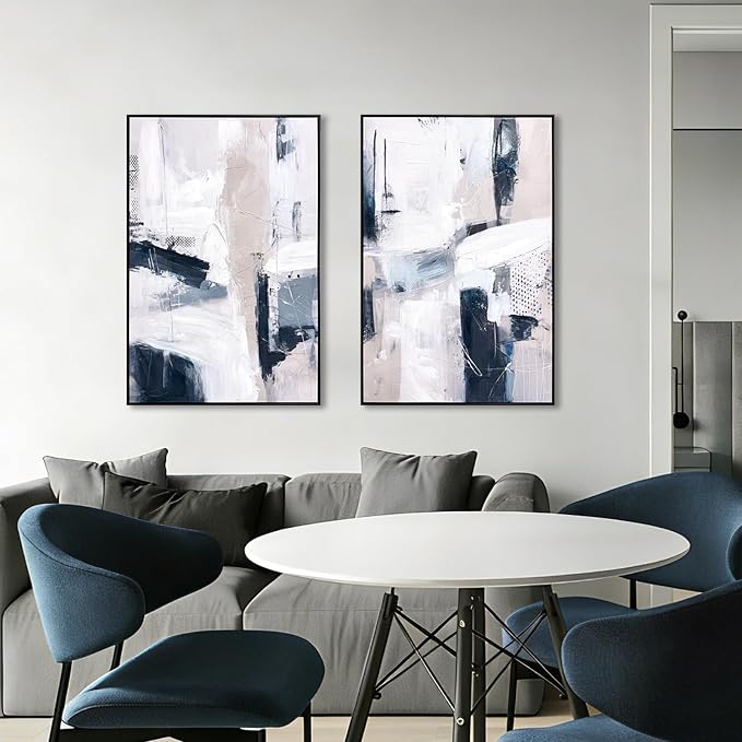 SAFERRYHOME Large Abstract Textured Framed Canvas Wall Art, Minimalist Wall Decor Neutral Painting, Modern Blue White Artwork Print for Home, Office, Living Room, 24"x36"x2