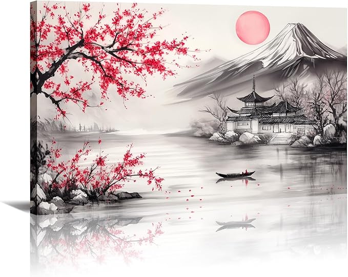 Japanese Wall Art Asian Landscape Watercolor Canvas Prints Red and Black Cherry Blossom Trees Picture Vintage Painting for Living Room Home Office Wall Decor Framed - 16.00x24.00 inch