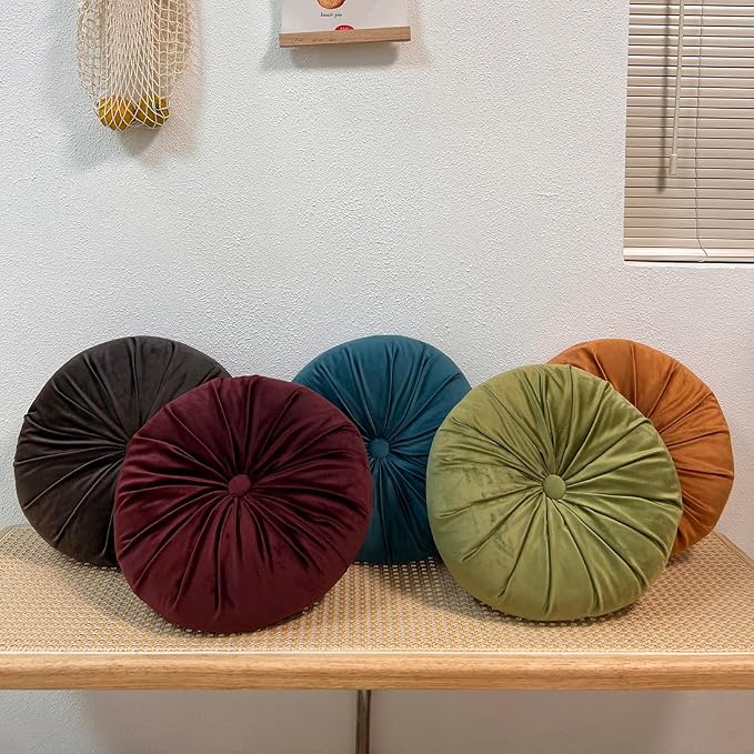 vctops Round Velvet Solid Color Chair Cushion Pumpkin Pleated Throw Pillow Home Decorative Floor Pillow Diameter 15" Coffee