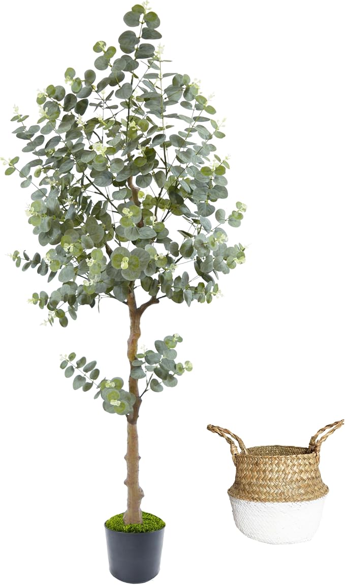Artificial Eucalyptus Plant 5ft, Fake Tree with Basket, Faux Eucalyptus Plants with White Silver Dollar Leaves, Faux Floor Trees for Home Office Decor Indoor Outdoor