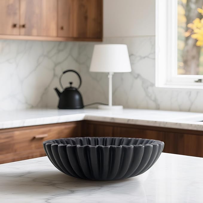 Large Modern Decorative Ruffle Bowl for Home Decor Fruit Bowl Organic Catch All Key Kitchen Entryway Shelf Coffee Table,Black