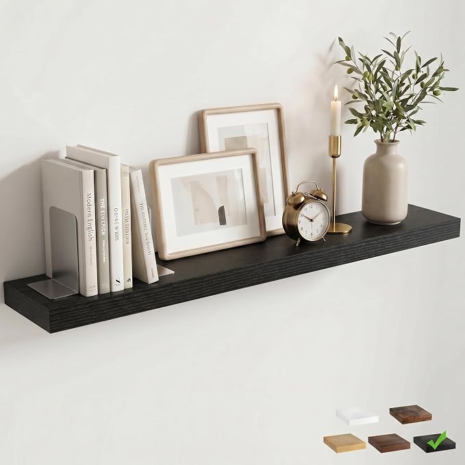 48 Inch Floating Shelves for Wall, 8"D Wood Storage Shelves, Black Finish | Engineered Wood, Invisible Bracket, Large Storage, Easy Install, Hold Up to 77lbs, Living Room, Bathroom, Bedroom, Kitchen