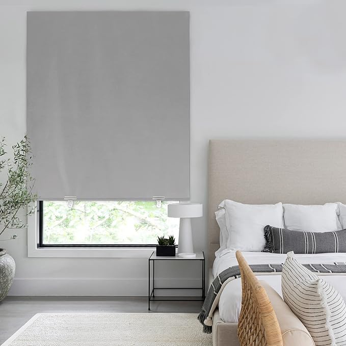 LazBlinds 100% Blackout Roller Shades, No Tools No Drill Cordless Blinds for Windows, Thermal Insulated UV Protection Privacy Window Shades for Bedroom (48''W x 72''H, Grey)