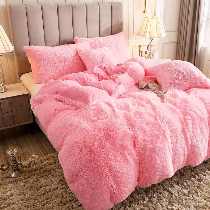 Faux Fur Velvet Fluffy Bedding Duvet Cover Set Down Comforter Quilt Cover with Pillow Shams, Ultra Soft Warm (King, Pink)