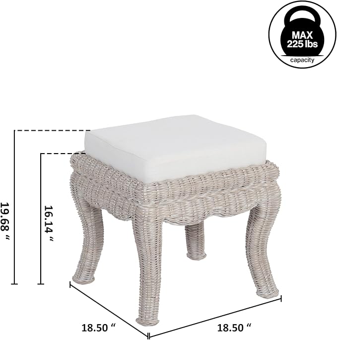 JONATHAN Y Rowan Woven Rattan Vanity Stool with White Cushion, 18.5" Coastal Backless Makeup Chair for Bedroom & Bathroom, Gray White Wash Mango Wood Wicker Ottoman Footrest VSL1000C