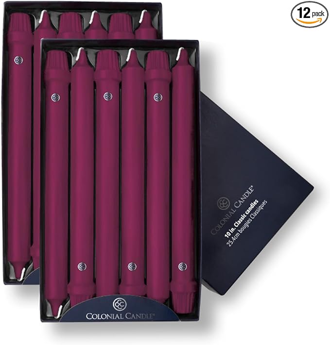 Colonial Candle Unscented Taper Candle, Classic Collection, Mulberry, 10 In, Pack of 12 - Up to 8 Hours Burn