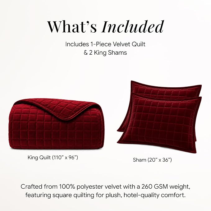 Tribeca Living Luxury Velvet Quilt King Size Set - 260GSM Ultra-Soft Oversized Velvet Bedspread Comforter Set with 2 Shams, in Florence Burgundy