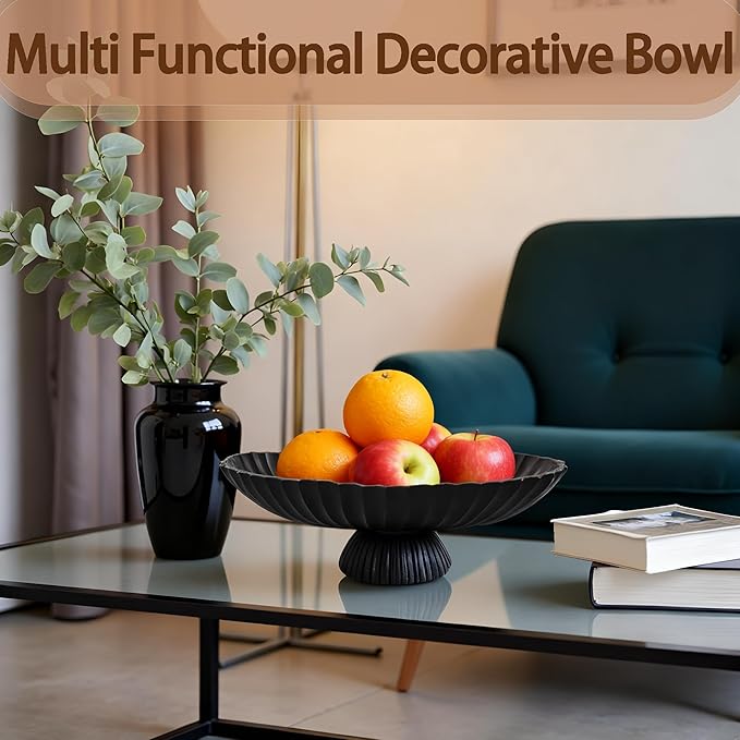 14.5" Large Decorative Long Bowl - Black Fluted Scalloped Decorative Bowls for Home Decor - Ruffle Decor,Stylish Key Bowl for Entry Table,Decorative Fruit Bowls for Kitchen Counter
