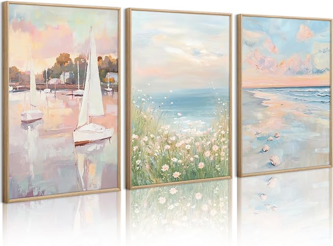 Pink Coastal Wall Art Coquette Beach Canvas Poster Summer Beachy Wall Decor Trendy Pastel Ocean Pictures Preppy Aesthetic Painting Wildflower Prints Sailboat Artwork for Bedroom 16x24 Inch Unframed