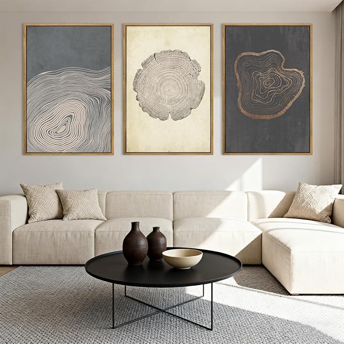 Anyzal Extra Large Neutral Tree Ring Framed Wall Art 24x36 Inch Modern Wood Ring Canvas Wall Decor Modern Minimalist Wood Artwork Set of 3 for Living Room Bedroom Dining Room