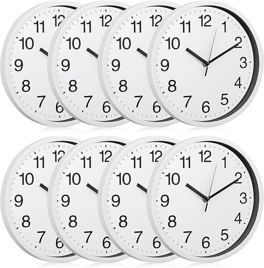 Inbagi 8 Pcs Wall Clock Large Silent Battery Operated Wall Clocks Modern Non Ticking Wall Clocks Bulk Decorative for Kitchen Office Living Room Home Bathroom Bedroom Classroom(White,12 Inch)