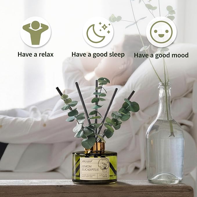 Airkeep Reed Diffuser Set with 6.76 fl oz Lemon Eucalyptus Scent Essential Oils and 3 Leaves & 8 Diffuser Sticks,Bathroom Shelf Decor & Air Freshener, House Bedroom Office Decor & Gifts