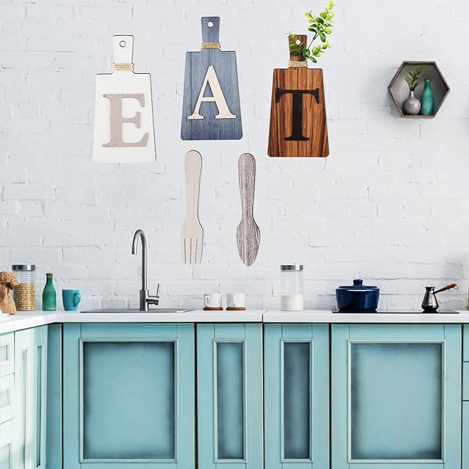 Jetec Cutting Board Eat Sign Set Hanging Art Kitchen Eat Sign Farmhouse Fork and Spoon Wall Decor Rustic Primitive Country Kitchen Decor for Home over Cabinet Decoration(Gray, White, Brown)