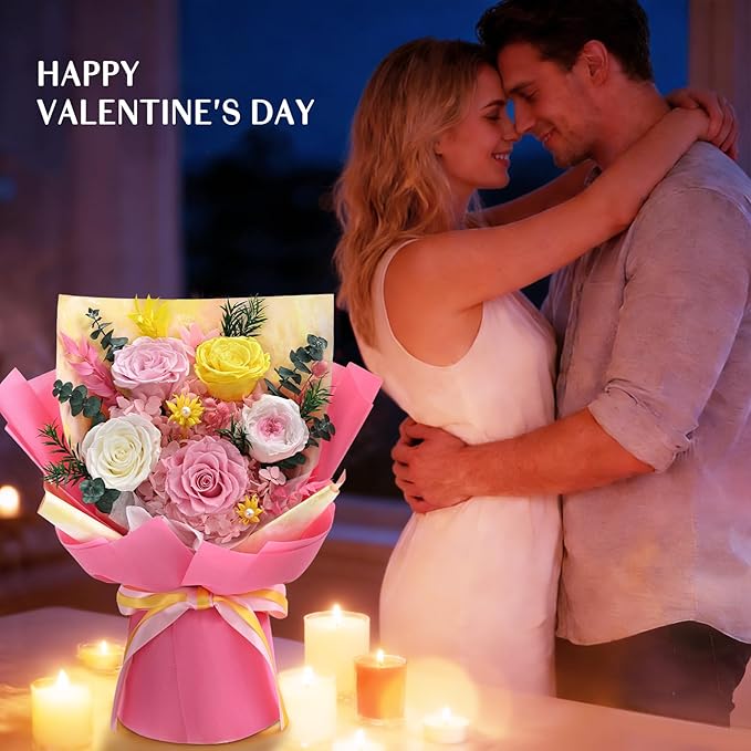 5 Pcs Glitter Pink Preserved Roses Flowers Bouquet, Forever Rose Flowers for Delivery, Birthday Gifts for Women, Long-Lasting Red Roses with Vase Gift Box, Forever Flowers for Wife Mothers Day