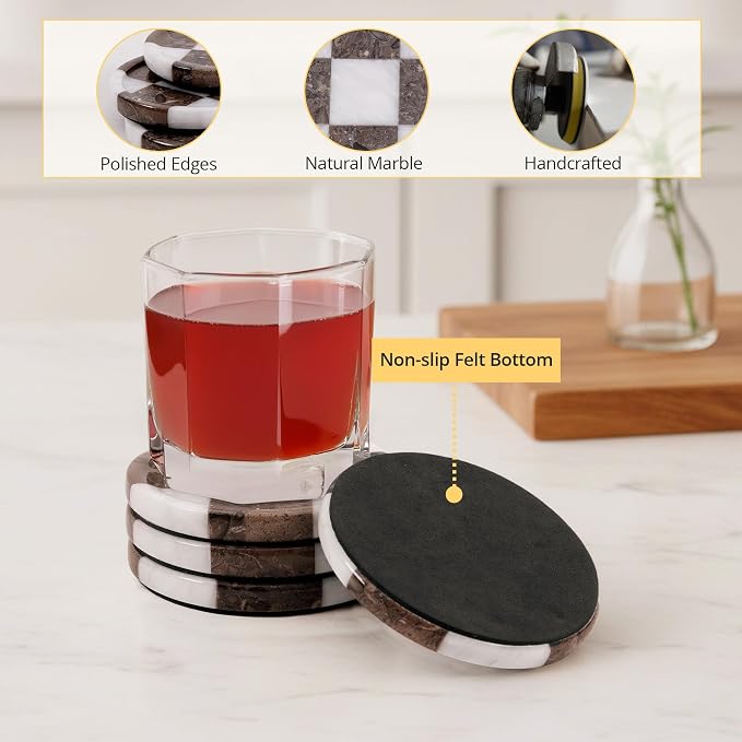 Marble Coasters Set of 4, White & Oceanic Handmade 4 inch Round Stone Coaster, Drink Checkered Coaster Plates for Coffee Table, Stylish Bar Accessories & Modern Home Décor