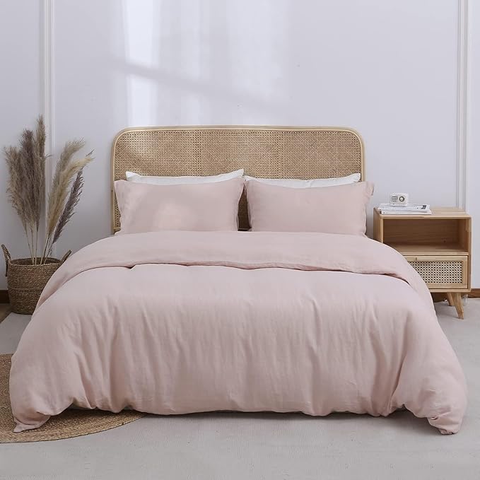 Simple&Opulence 100% Linen Duvet Cover Set, 3 PCS Natural French Flax Blush Pink Duvet Cover Queen Size, Breathable Soft Comfy Linen Bedding Comforter Cover with 2 Pillowcases(Blush Pink, 88"x92")