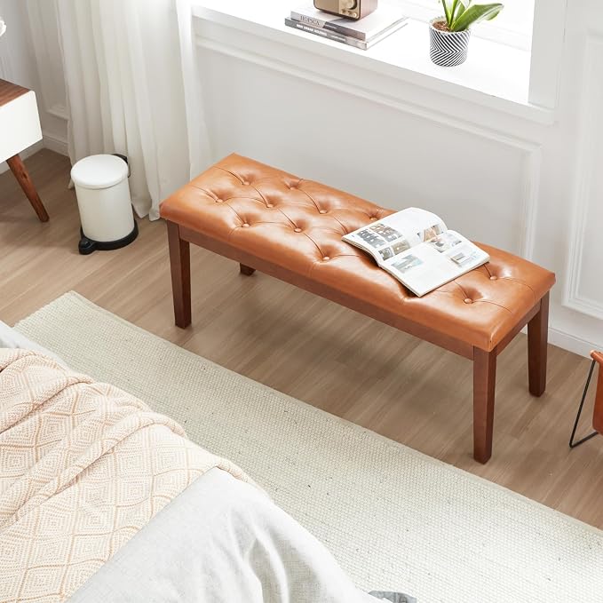 Ottoman Bench Upholstered Padded Seat with Solid Wood Legs and Button-Tufted, Faux Leather Cognac Brown