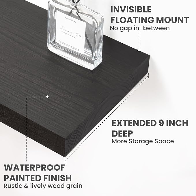 Solid Wood Floating Shelves For Wall, 48”W x 9”D x 1.56”H Large Wall Shelves for Living Room Bedroom Bathroom Kitchen Drcor Storage with Invisible Heavy-Duty Metal Bracket, Carbonized Oak, 2 Pack