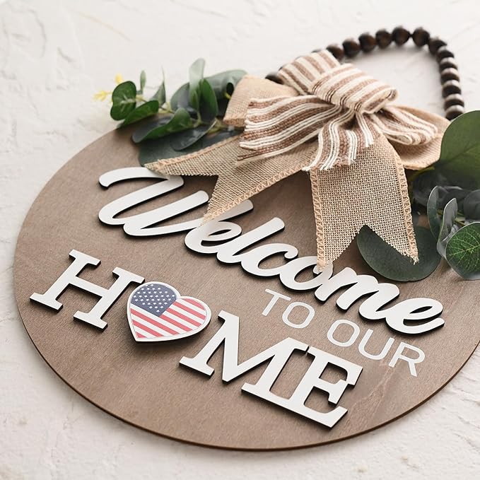 Welcome Sign for Front Door Wreath Decorations for All Seasons Front Porch Decor Hanging Gift for Farmhuose Home Outdoor Indoor（Brown KB)