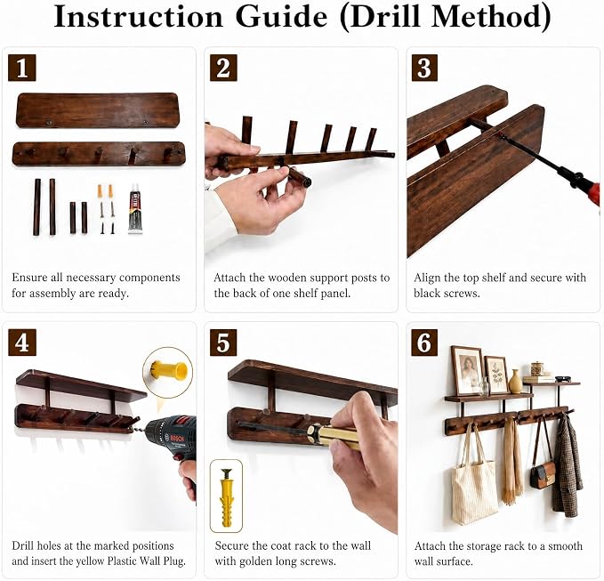 Coat Rack Wall Mount with Shelf, Adhesive or Drilling Mount, 2 Pack Wall Shelf with 10 Wooden Hooks, Hanging Storage for Clothes, Hats, Towels, Keys, Bags, for Entryway, Bathroom