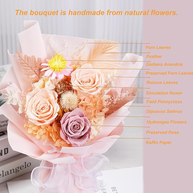 Lovenfold Preserved Flowers Bouquets for Delivery, Champagne Rose Bouquets that Last 1-3 Years, Birthday Gifts for Women Mom Grandma Wife Friends