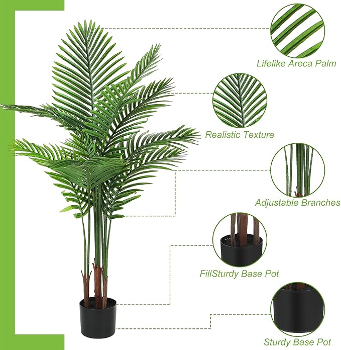 Jexine 4 Pack Artificial Palm Trees 4Ft, Fake Plants Fake Trees Artificial Areca Palm Plants for Outdoor Indoor Faux Tree in Pot for Pool Home Decor Office Housewarming Gift Modern Decoration