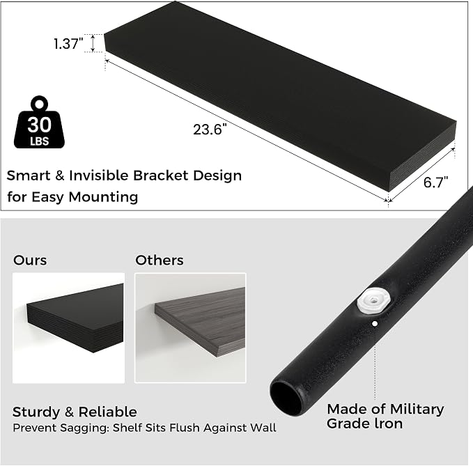 24" Wide x 6.5" Deep Floating Shelves for Wall, Black Finish, 2-Pack | Engineered Wood Wall Shelves with Invisible Brackets for Living Room, Bedroom, Bathroom, Office & Kitchen Storage