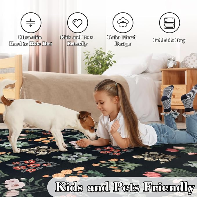 Wonnitar Washable 3x5 Area Rug, Floral Print Rugs for Entryway Indoor, Stain Resistant Moroccan Trellis Small Throw Carpet for Kitchen Laundry Dorm Office, Black/Multi