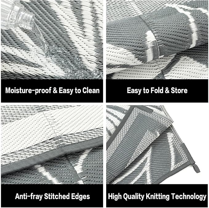 HUGEAR 8'x10' Outdoor Rug Waterproof Plastic Straw Rugs Large Grey Reversible Olive Leaf Mat Floor Carpet for Camping RV Deck Entryance Porch Picnic Balcony Beach Backyard