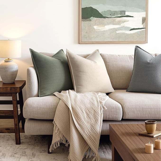 MIULEE Pack of 2 Thick Textured Couch Throw Pillow Covers, Olive Green Decorative Pillow Covers 18x18, Neutral Linen Cushion Cases for Sofa Bed Living Room Modern Farmhouse Home Decor, No Filling