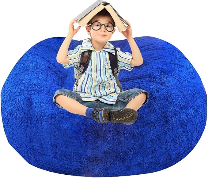 BCU Bean Bag Cover Comfy Beanbag Chair for Adults Without Filler Faux Fur Floor Chair Lazy Sofa Cover Comfy for Living Room Chairs, Royal Blue, 3.5FT
