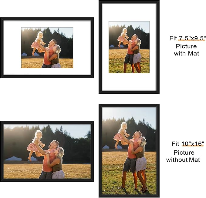 Picrit 10x16 Picture Frame Set of 12, Display 8x10 with Mat or 10x16 without Mat, Photo Frames for Wall Mounting or Table Top Display, Black