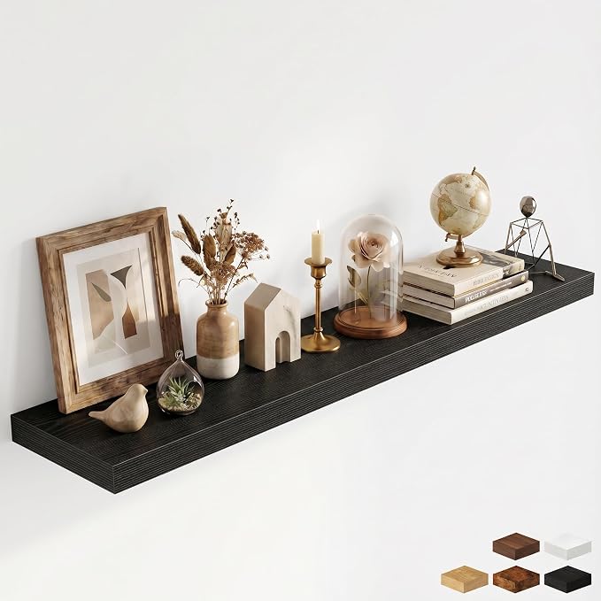 Fun Memories 55 Inch Floating Shelves for Wall - 12 Inch Deep Fireplace Mantel Shelf - Wood Floating Shelf for Wall - Large Storage Shelves Wall Mount for Living Room & Bedroom - Black - Set of 1