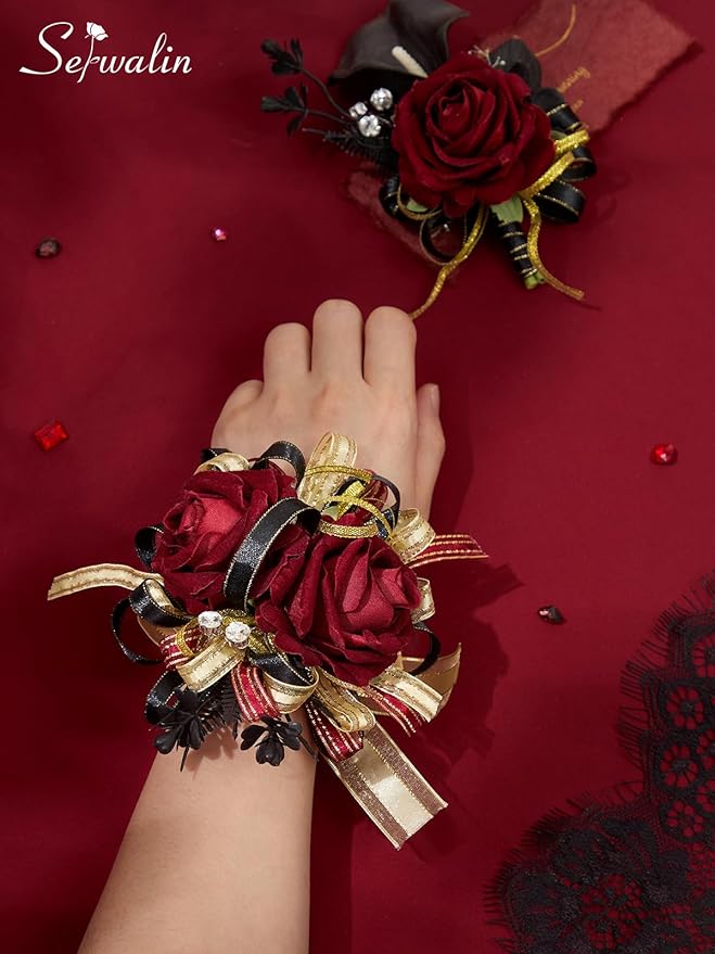 Serwalin Burgundy Prom Corsage and Boutonniere Set, Artificial Calla Lily Red Rose Wrist Corsage Wristlet for Homecoming, Formal Dance, Wedding Flowers Accessories Suit Decorations