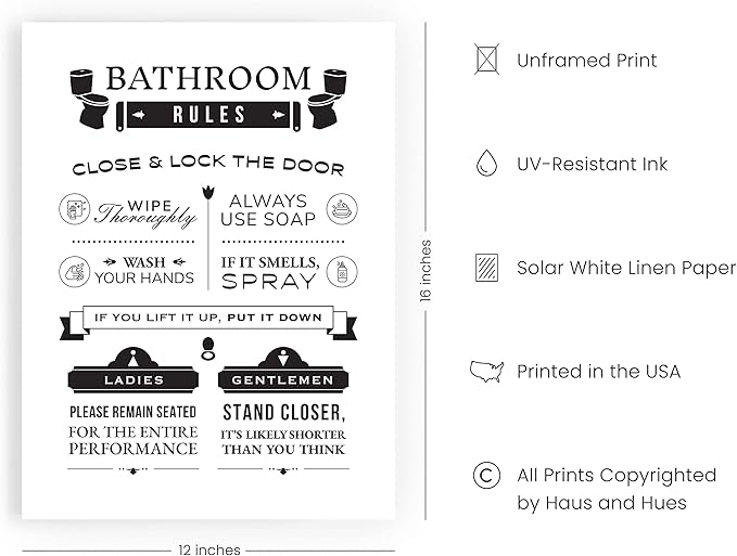 HAUS AND HUES Funny Bathroom Wall Art - Humorous Bathroom Signs, Toilet Art, Funny Restroom Decor, Bathroom Rules Poster (12"x16" Unframed)