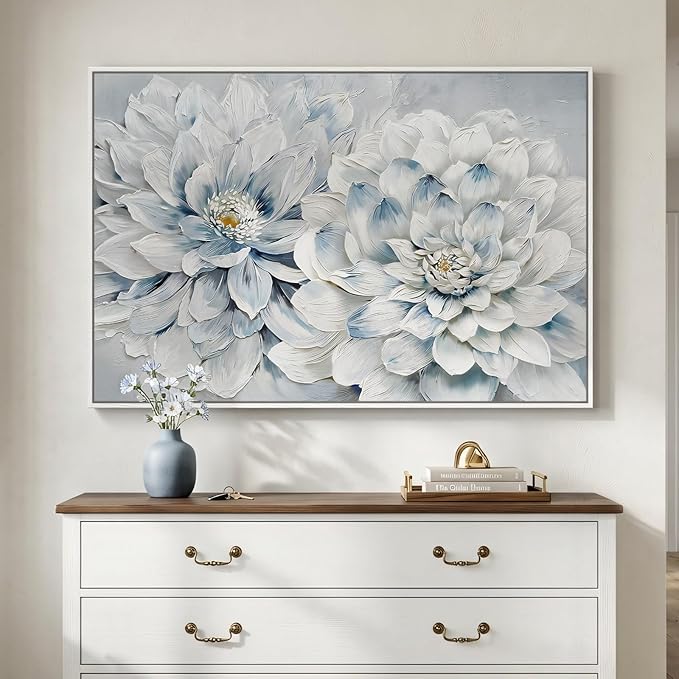 Framed Floral Wall Art, Modern Botanical Canvas Prints Artwork for Walls, Natural Pastel Watercolor Blue and White Elegant Flower Pictures for Living Room Bedroom Dining Room Wall Decor, 24x36 Inch