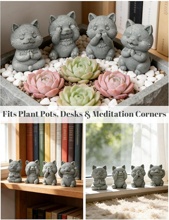 4 Piece Cute Dog Figurine Set, Sandstone See no Evil,Hear no Evil,Speak no Evil,Do no Evil Statues, Zen Garden/Desk Decor