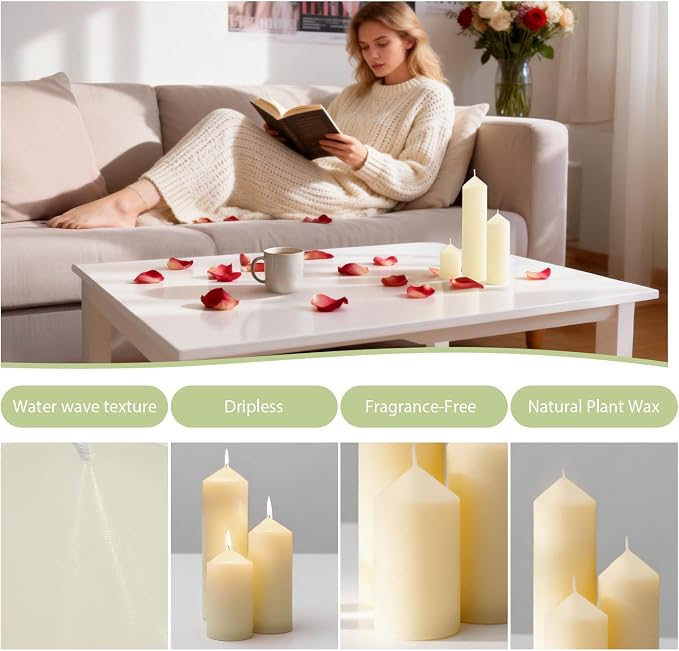 72 Pack Ivory Pillar Candles Bulk Set, 2x3 2x4 2x6 Inch - 24 Each Size, Dripless Smokeless Clean Burning for Wedding Centerpieces, Home Decor, Church, Romantic Ambiance！