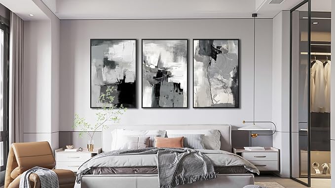 Large Framed Canvas Wall Art - Retro Grey Graffiti Pictures for Living Room Rustic Abstract Wall Decor Vintage Prints for Bedroom Dinning Room Black Float Framed 16" X 24" X 3 pcs