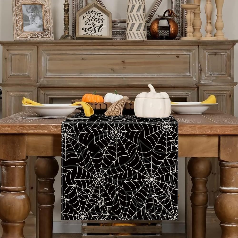 Halloween Table Runner Spider Web Black Linen Table Runners for Seasonal Holidays Indoor Outdoor Kitchen Dining Party Home Decor 13 x 90 Inch