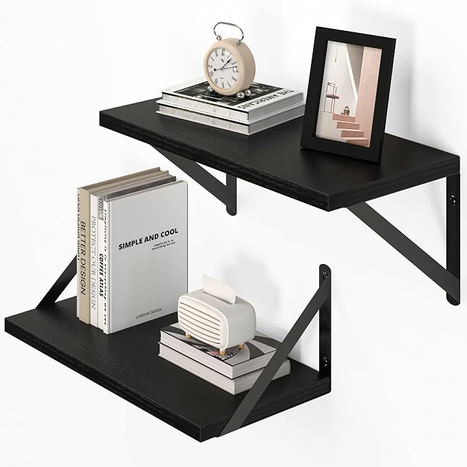 Vivelove Black Deep Floating Shelves for Wall, 16W x 8D Wood Wall Shelves Set of 2, Wide Floating Bookshelf for Living Room, Kitchen, Office, Bedroom and Decor Storage, with Metal Bracket - Black
