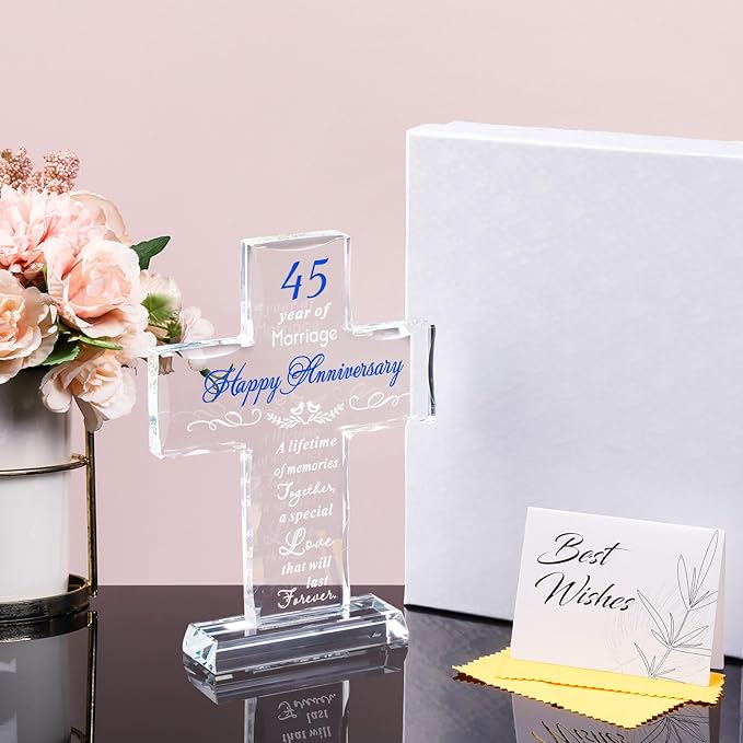 YWHL 45th Anniversary Glass Cross Gift for Parents, 45th Wedding Anniversary Romantic Gifts for Wife Husband, Gifts for Couple Celebrating 45 Years Of Marriage Decorations